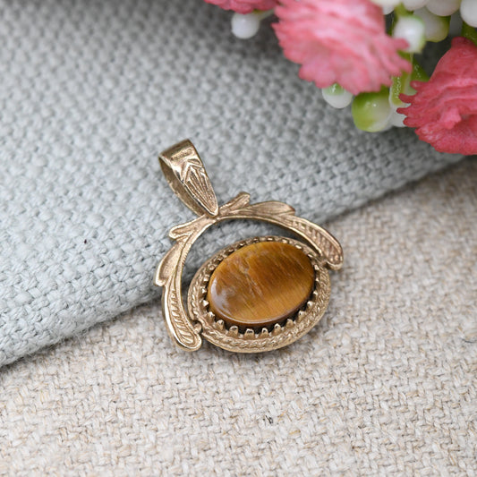 Vintage 9ct Gold Spinner Fob Pendant 1993 - Miniature Gemstone Watch Fob Charm | Antique Style | Brown Tiger's Eye Black Onyx