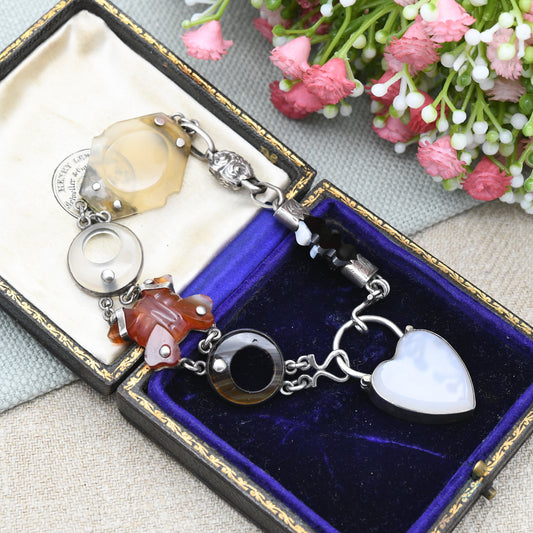 Antique Victorian Silver Scottish Agate Bracelet with Heart Padlock Clasp - Aesthetic Movement Engraving | Colourful Gemstone Jewellery