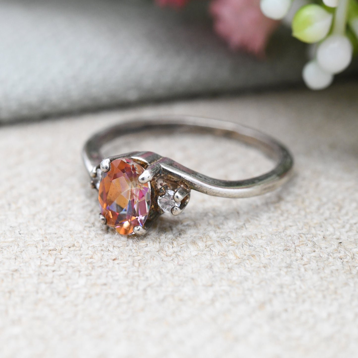 Vintage Sterling Silver Rainbow Crystal Ring with Clear Side Stones - Sparkly Statement Solitaire | UK Size - N 1/2 | US Size - 6 3/4