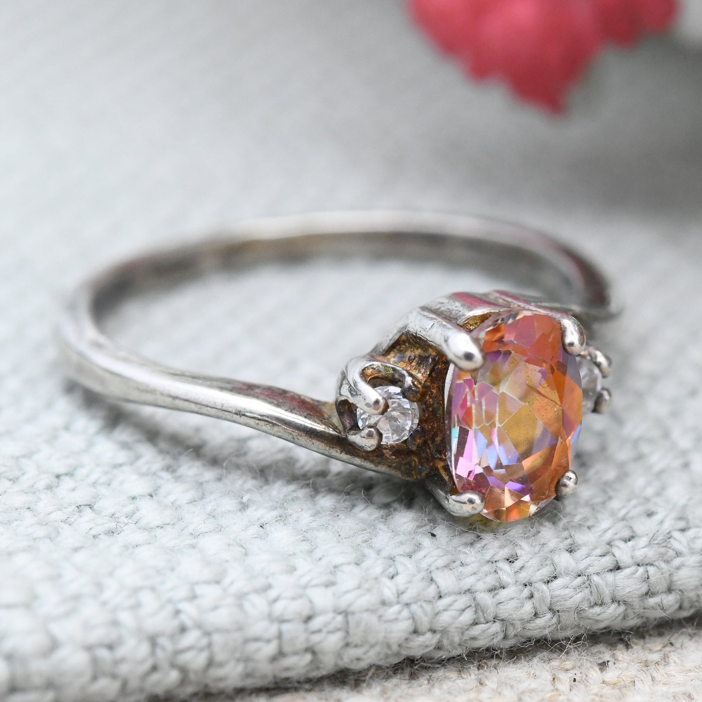 Vintage Sterling Silver Rainbow Crystal Ring with Clear Side Stones - Sparkly Statement Solitaire | UK Size - N 1/2 | US Size - 6 3/4