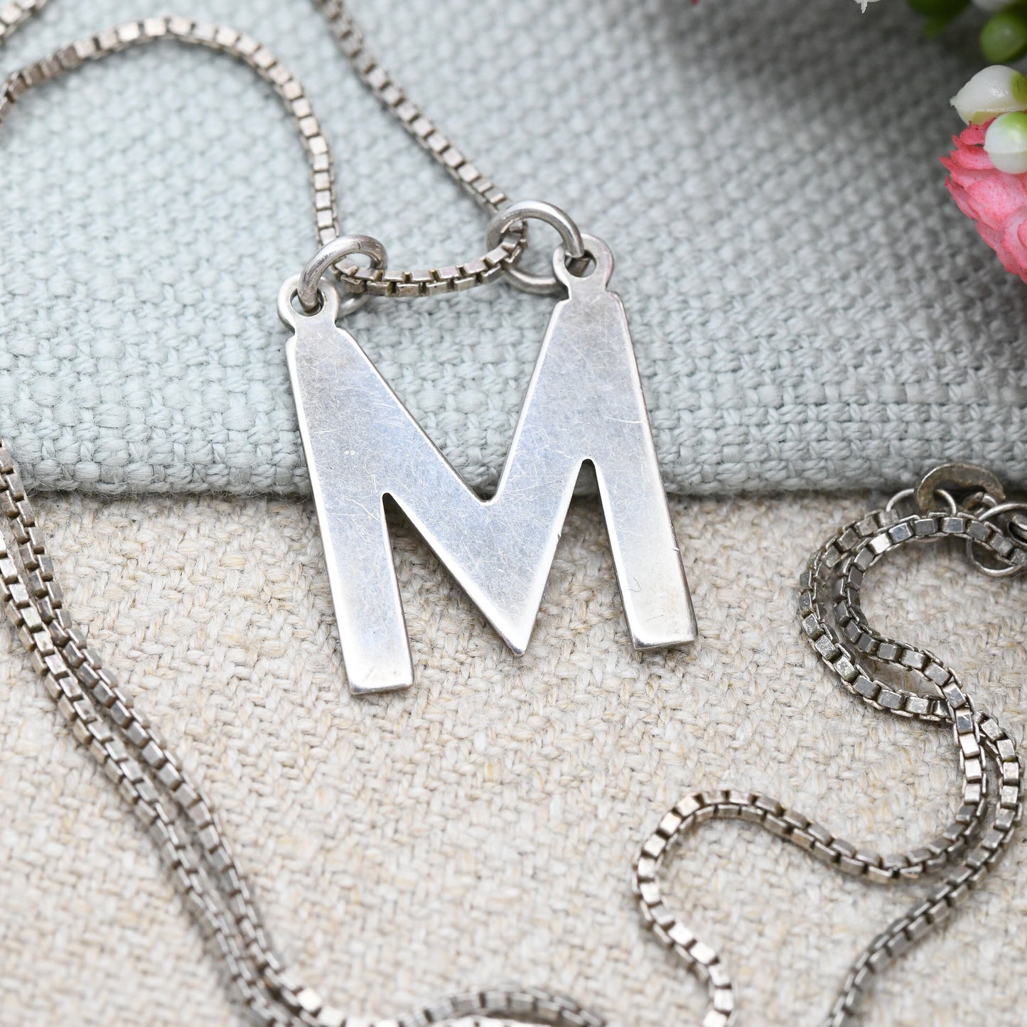 Vintage Sterling Silver Letter M Pendant Necklace - Personalised Name Charm | Large Minimalist Style | Solid Silver Alphabet Jewellery