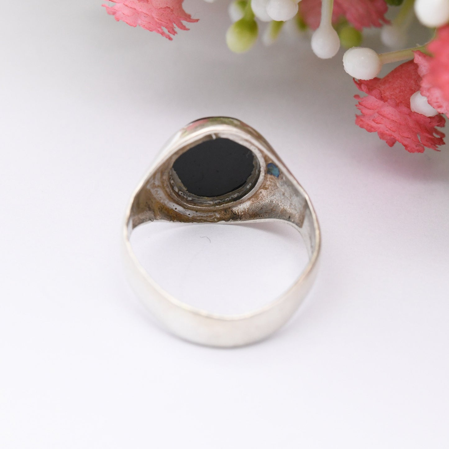 Vintage Sterling Silver Onyx Signet Ring - Unisex Oval Black Stone Ring | UK Size - O | US Size - 7 1/4