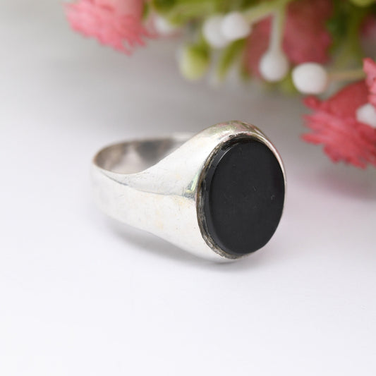 Vintage Sterling Silver Onyx Signet Ring - Unisex Oval Black Stone Ring | UK Size - O | US Size - 7 1/4