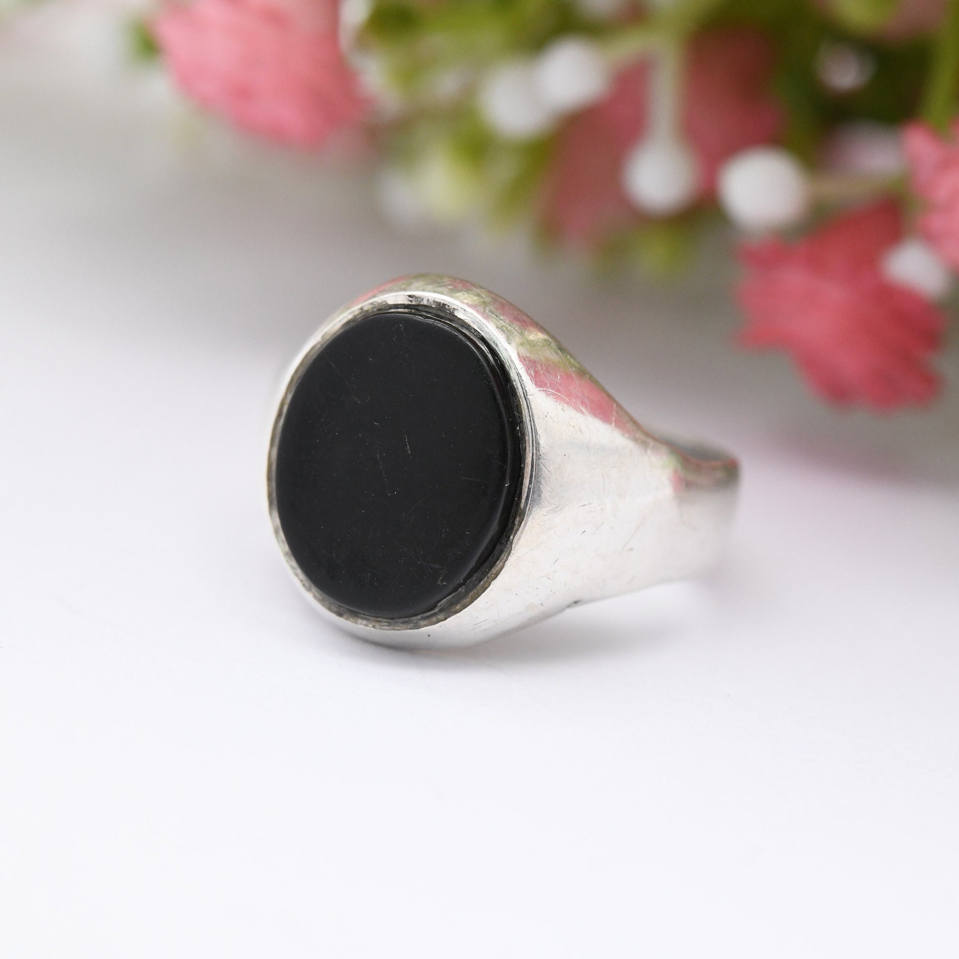 Vintage Sterling Silver Onyx Signet Ring - Unisex Oval Black Stone Ring | UK Size - O | US Size - 7 1/4