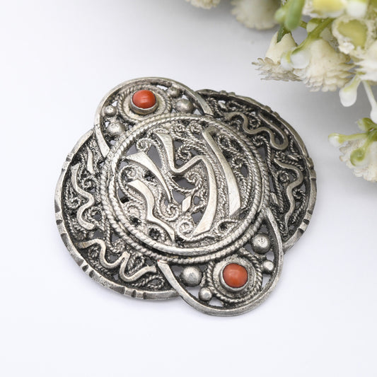 Vintage Silver Coral Brooch Pendant North African Arabic French Crab Hallmark - Large Ornate Statement Jewellery with Cabochon Red Stones