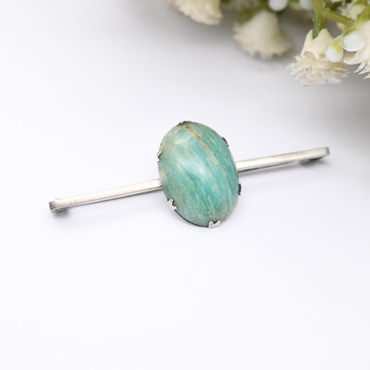 Vintage Sterling Silver Amazonite Bar Brooch with Large Cabochon Gemstone - Blue Green Striped Colour Pattern