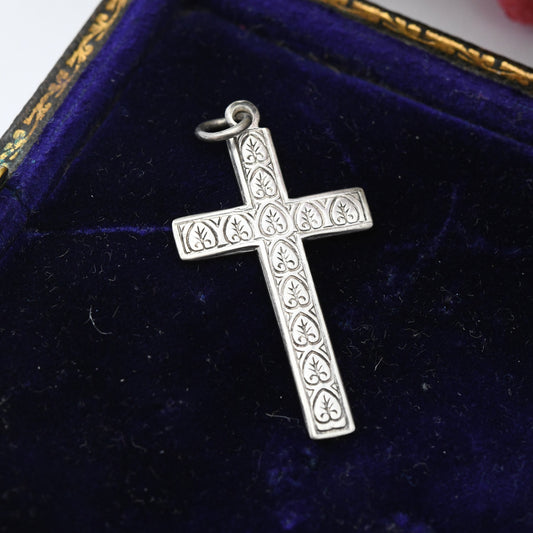 Vintage Sterling Silver Cross Pendant with Engraved Leaf Heart Pattern - Sweet Christening Jewellery Gift Present for Christian