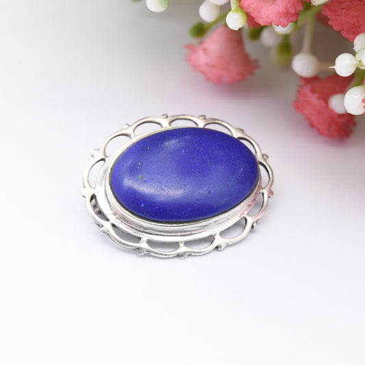 Vintage Sterling Silver Lapis Lazuli Brooch - Deep Blue Cabochon Gemstone with Ridged Border