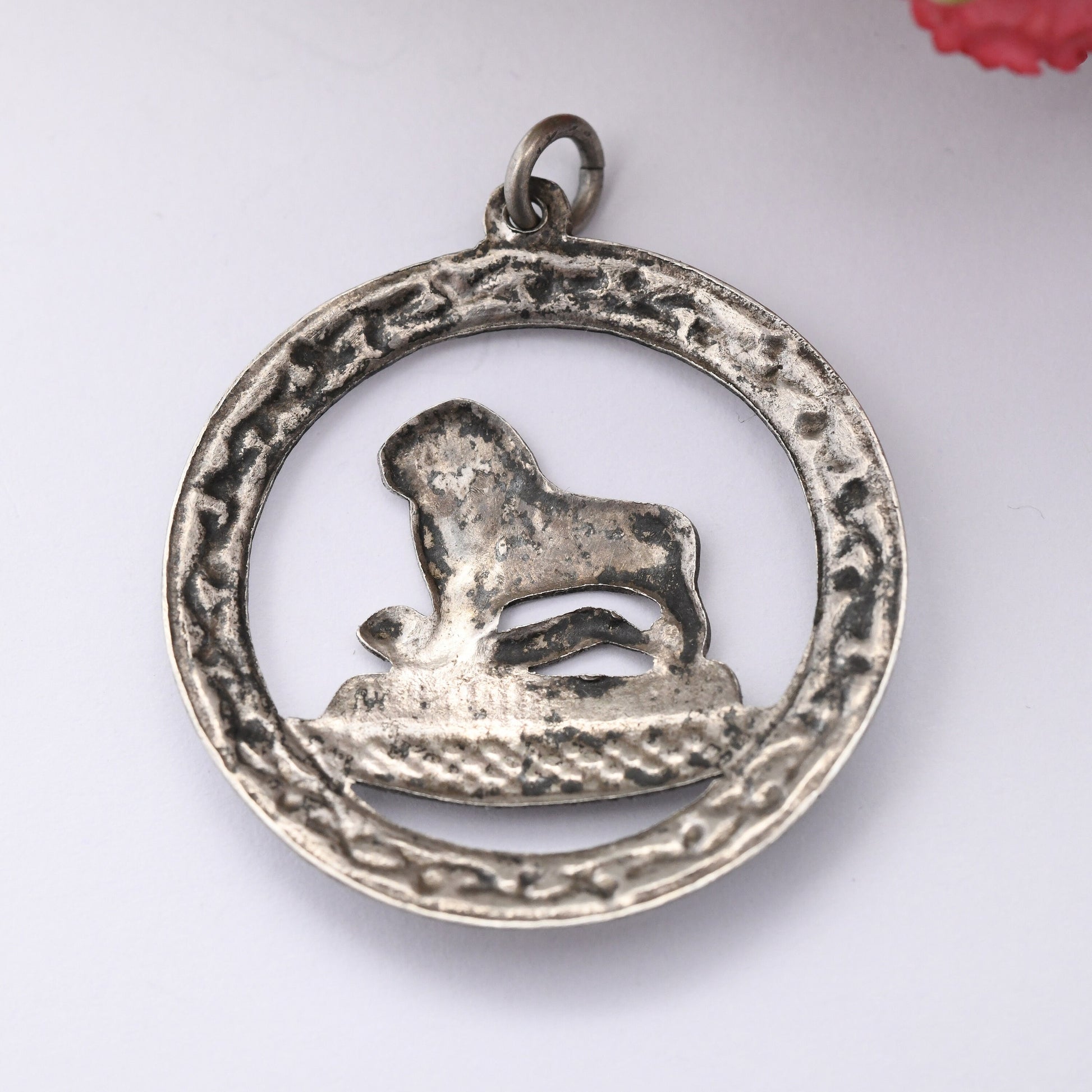 Vintage Silver Lion Pendant with Black Niello Border - Unusual Lion Over Man Symbol Necklace | Openwork Design