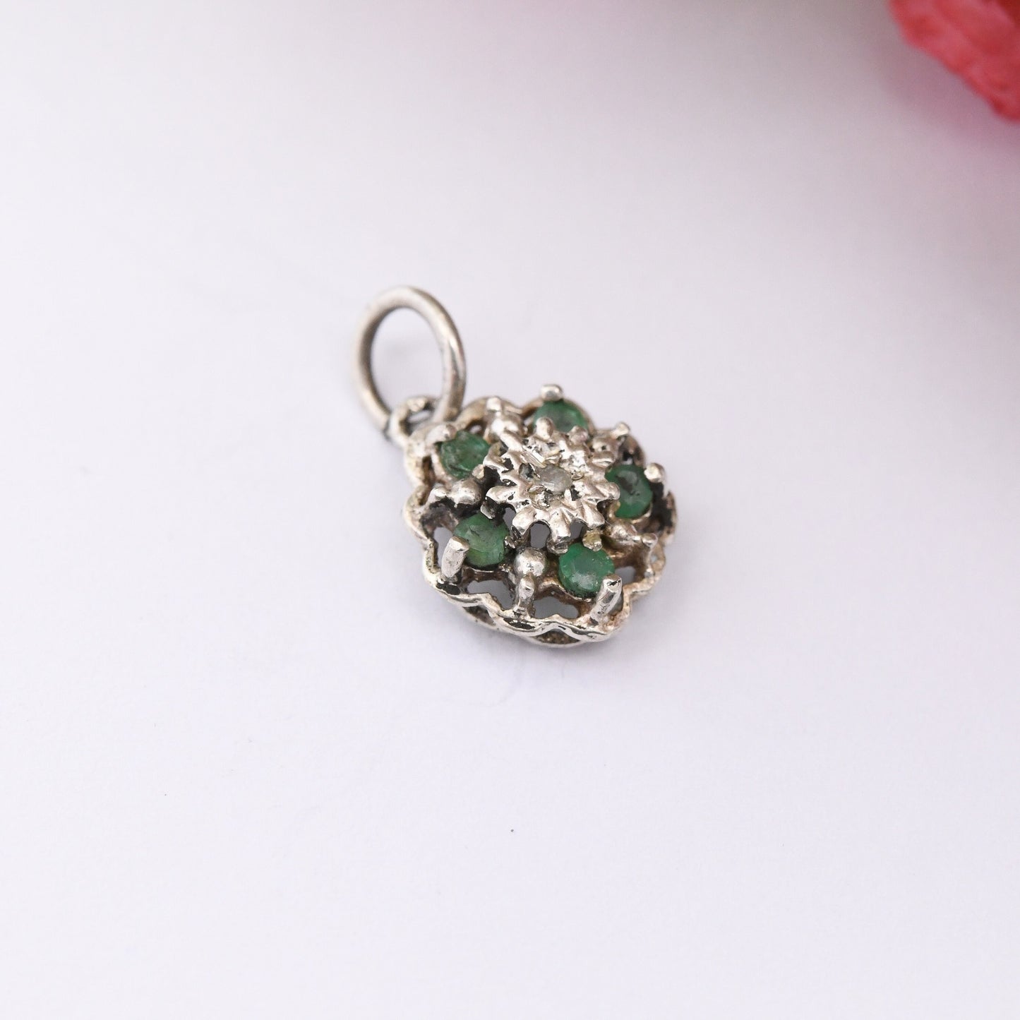 Vintage Sterling Silver Emerald and Diamond Flower Pendant - Floral Cluster Charm | for Necklace Stack | May Birthday Flower Gift