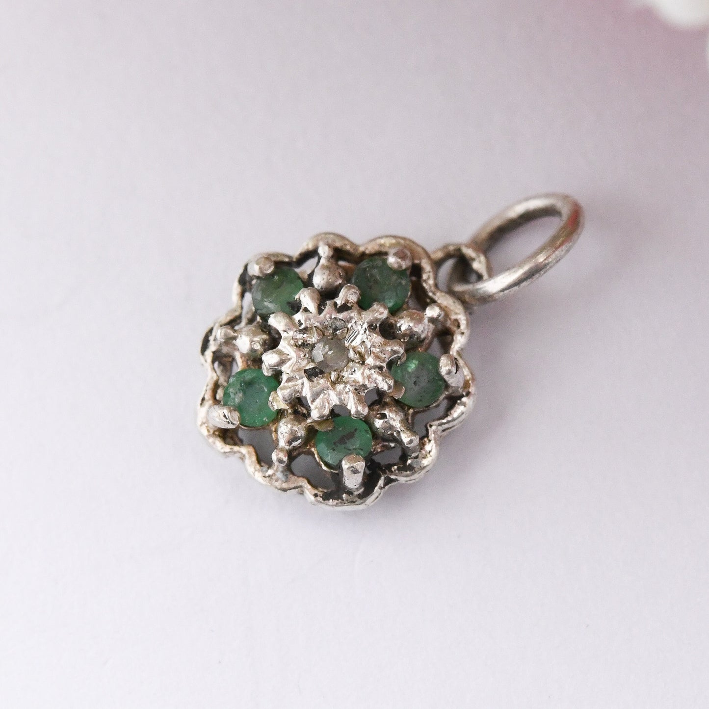 Vintage Sterling Silver Emerald and Diamond Flower Pendant - Floral Cluster Charm | for Necklace Stack | May Birthday Flower Gift