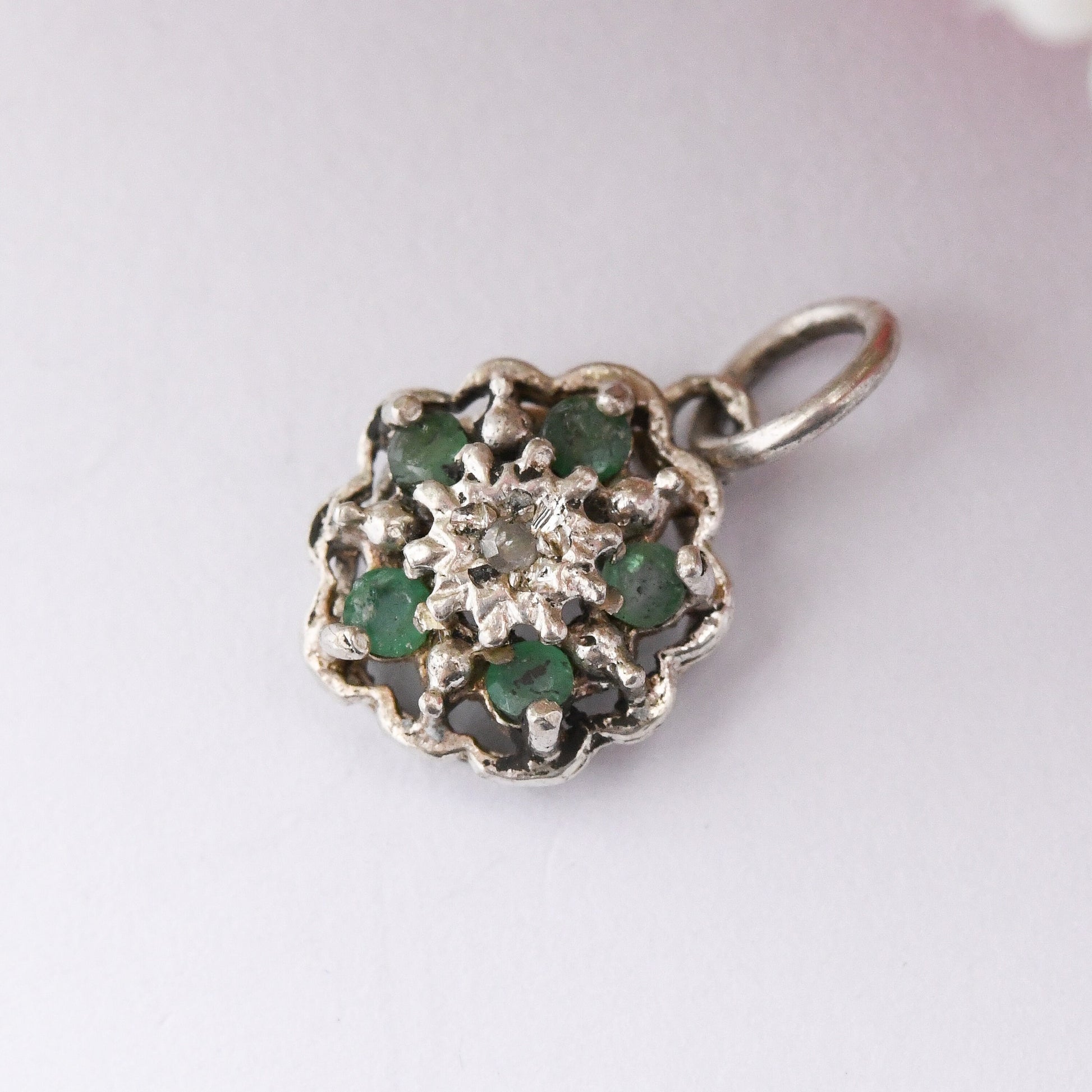 Vintage Sterling Silver Emerald and Diamond Flower Pendant - Floral Cluster Charm | for Necklace Stack | May Birthday Flower Gift