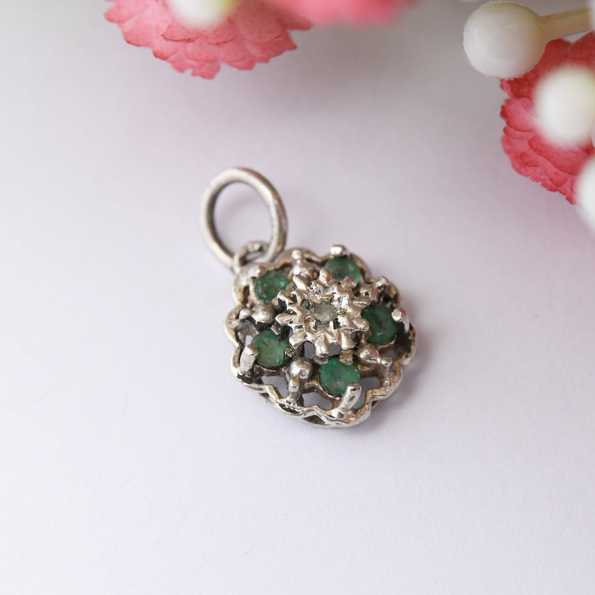 Vintage Sterling Silver Emerald and Diamond Flower Pendant - Floral Cluster Charm | for Necklace Stack | May Birthday Flower Gift