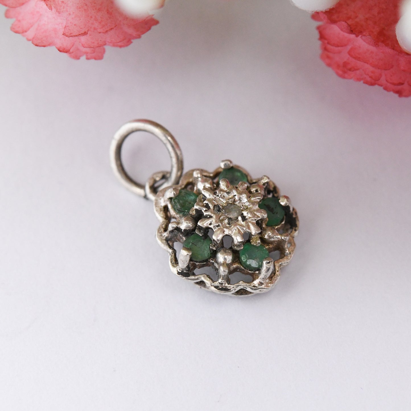 Vintage Sterling Silver Emerald and Diamond Flower Pendant - Floral Cluster Charm | for Necklace Stack | May Birthday Flower Gift