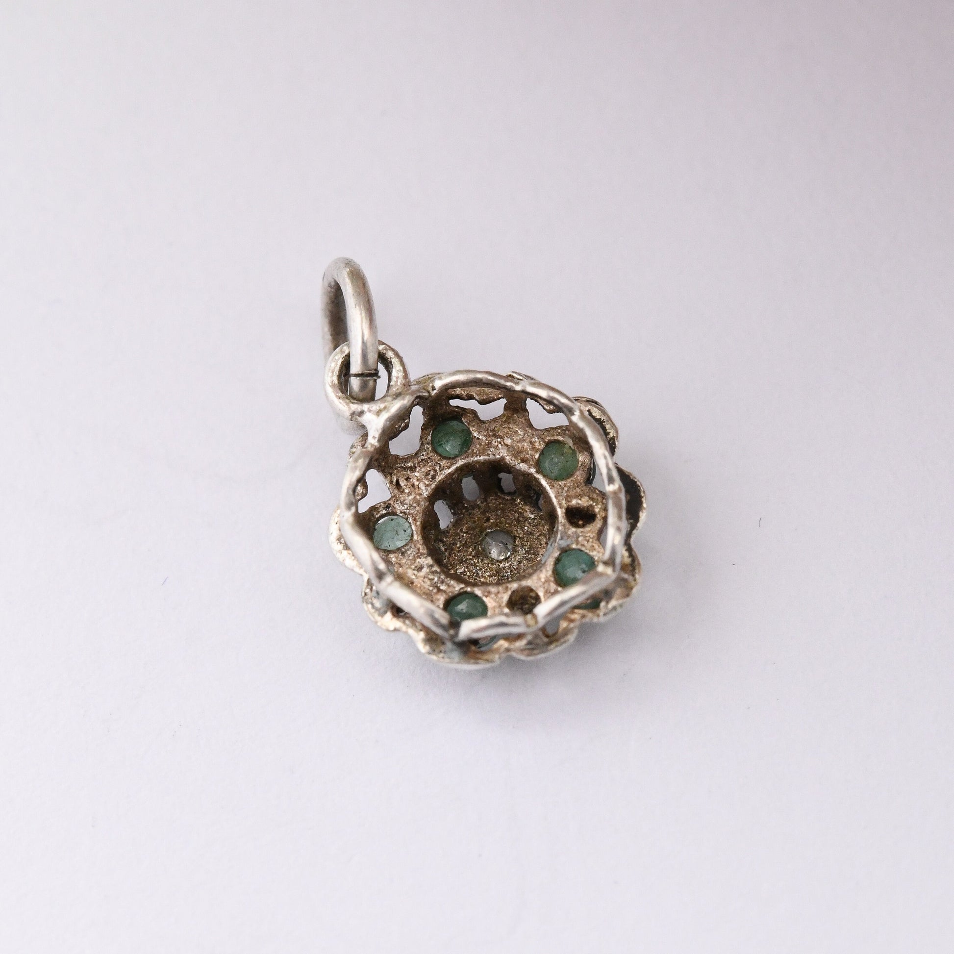 Vintage Sterling Silver Emerald and Diamond Flower Pendant - Floral Cluster Charm | for Necklace Stack | May Birthday Flower Gift