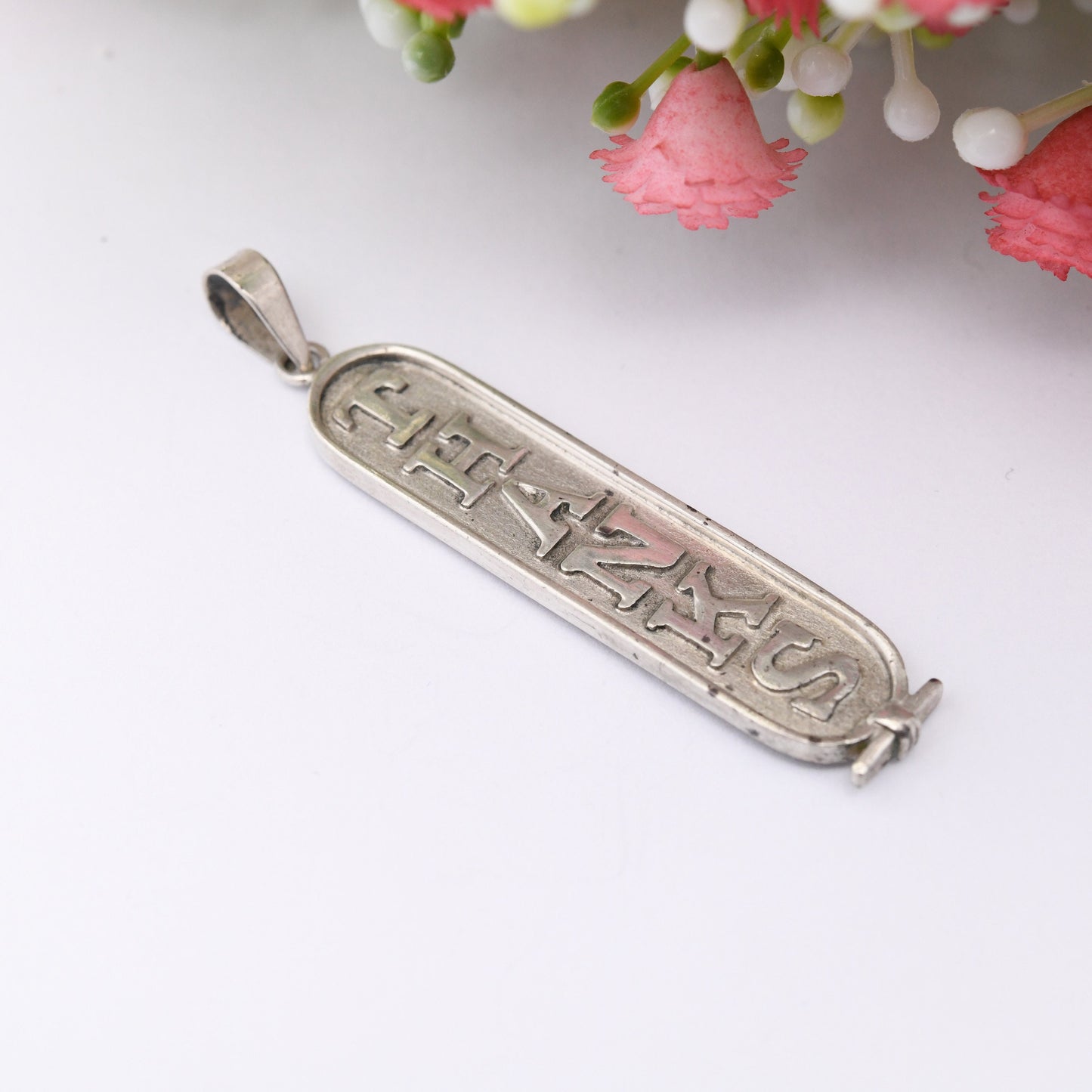 Vintage Sterling Silver Thanks Mercie Cartouche Pendant - Thank You Gift | Unusual Necklace for Chunky Chain | French and English