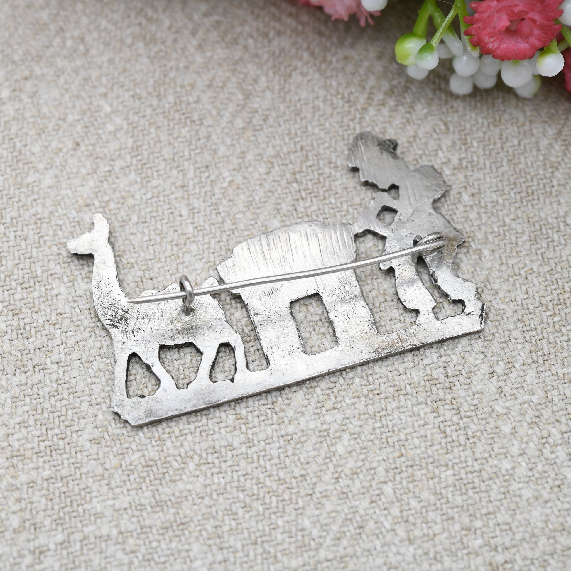 Vintage Silver Man and Llama Brooch - Hand Engraved Peru Silver Jewellery South American Design | Musician Flute Player