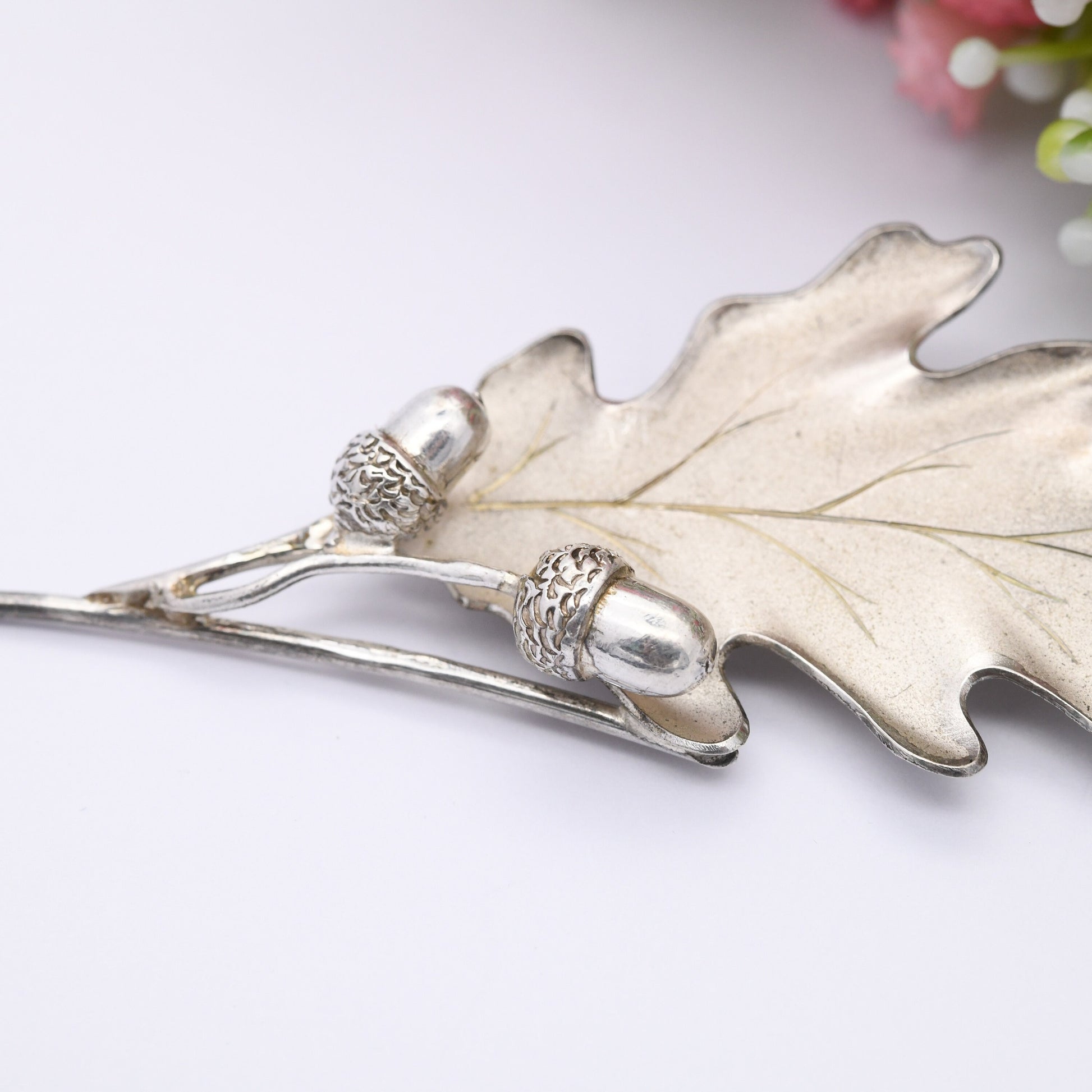 Vintage Scottish Sterling Silver Oak Leaf and Acorn Brooch 1968 by Hamilton and Inches H&I - Mid-Century Designer Jewellery Edinburgh Stamp