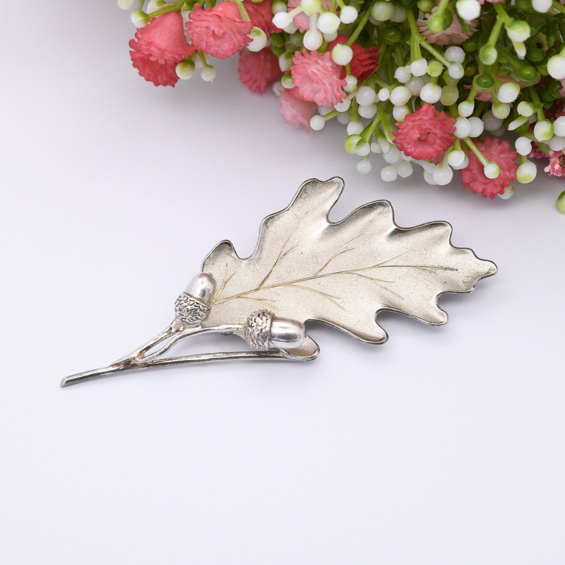 Vintage Scottish Sterling Silver Oak Leaf and Acorn Brooch 1968 by Hamilton and Inches H&I - Mid-Century Designer Jewellery Edinburgh Stamp