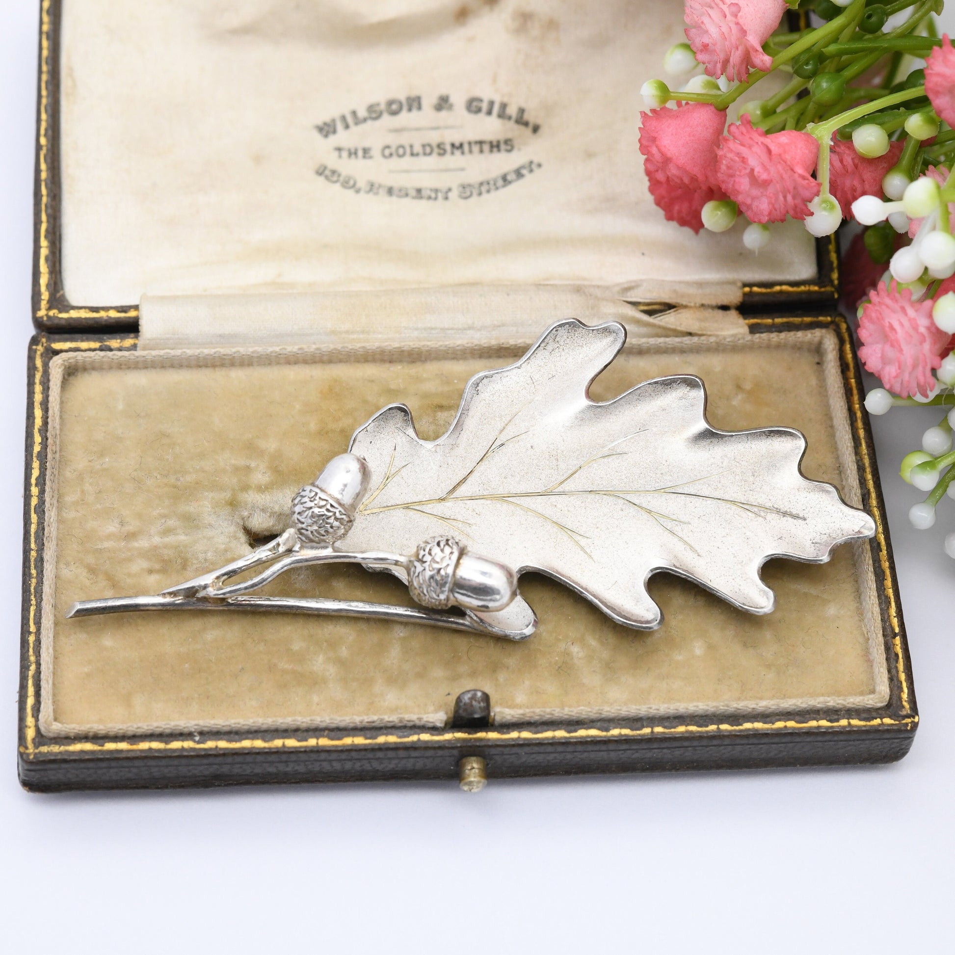 Vintage Scottish Sterling Silver Oak Leaf and Acorn Brooch 1968 by Hamilton and Inches H&I - Mid-Century Designer Jewellery Edinburgh Stamp