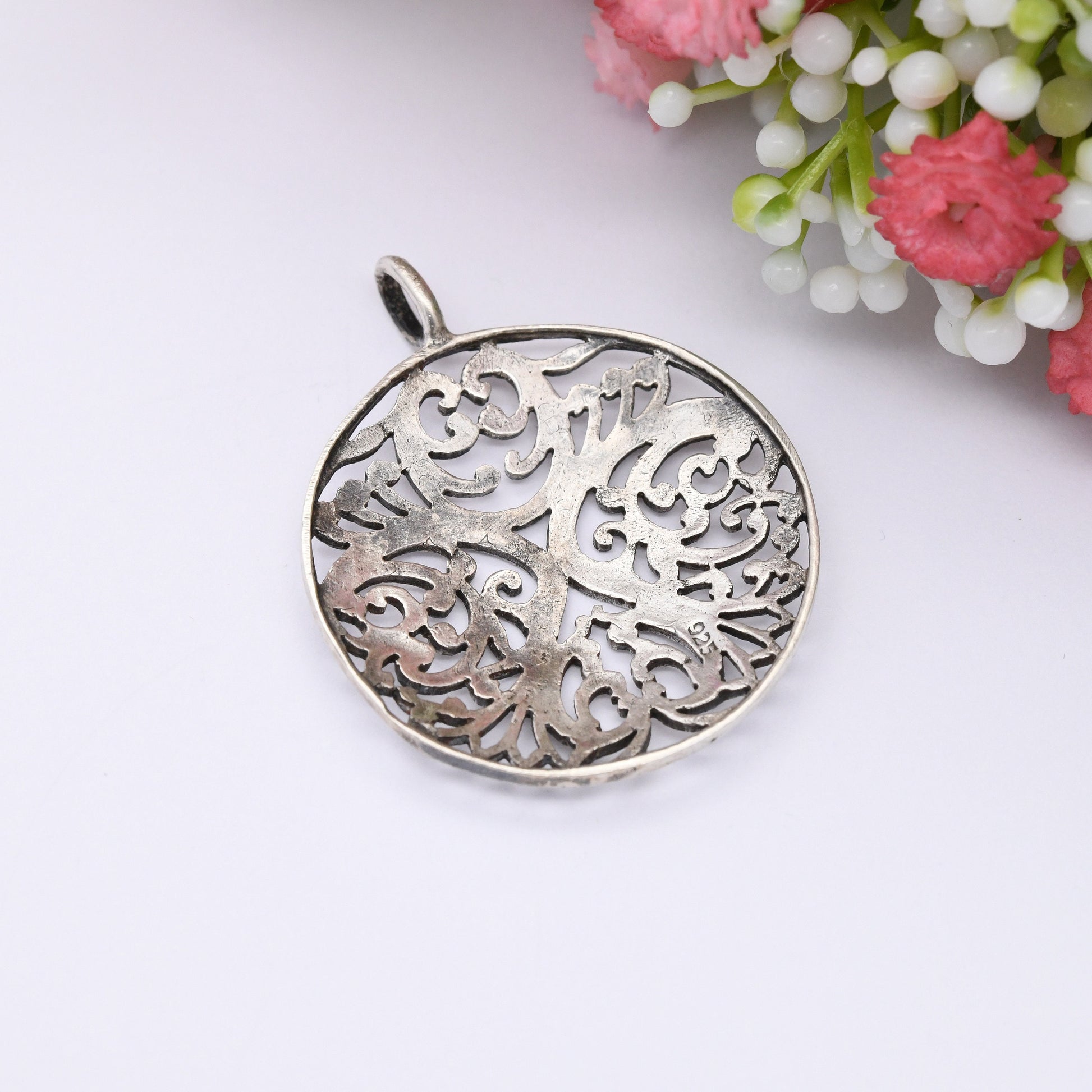 Vintage Sterling Silver Openwork Circle Pendant - Pretty Scrolling Cut Out Design | Large Circle