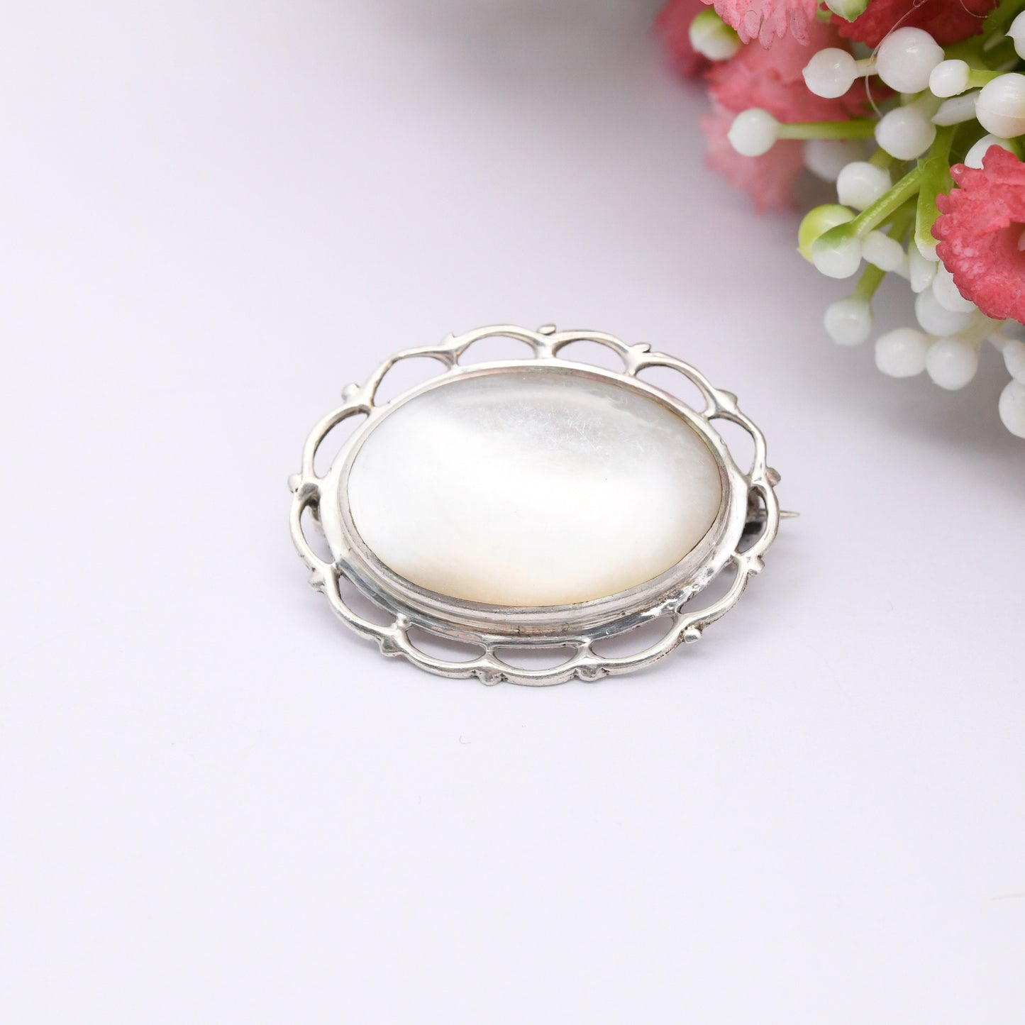 Vintage Sterling Silver Mother of Pearl Brooch - Floral Border | Cabochon White Stone Oval Shape