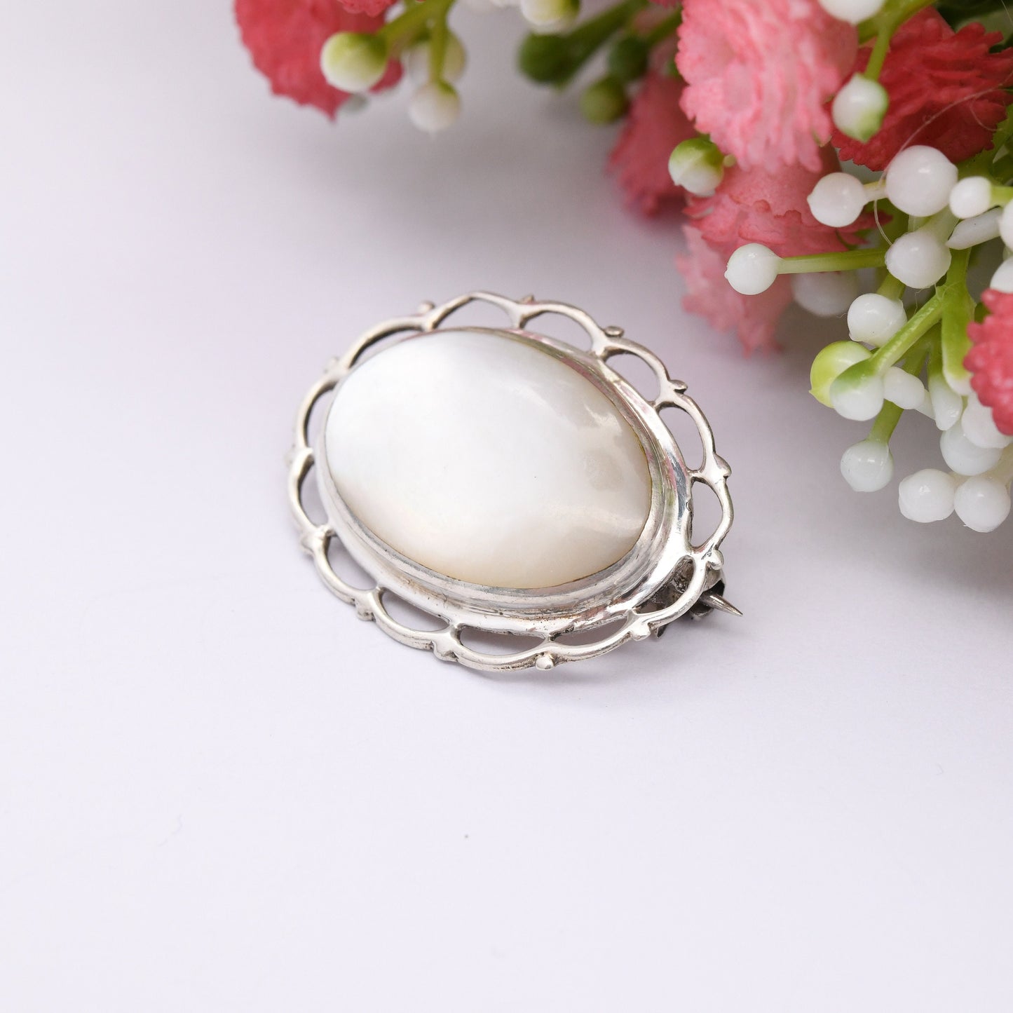 Vintage Sterling Silver Mother of Pearl Brooch - Floral Border | Cabochon White Stone Oval Shape