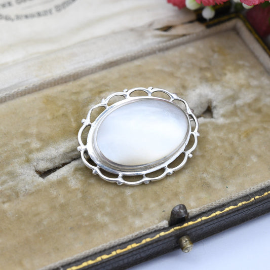 Vintage Sterling Silver Mother of Pearl Brooch - Floral Border | Cabochon White Stone Oval Shape