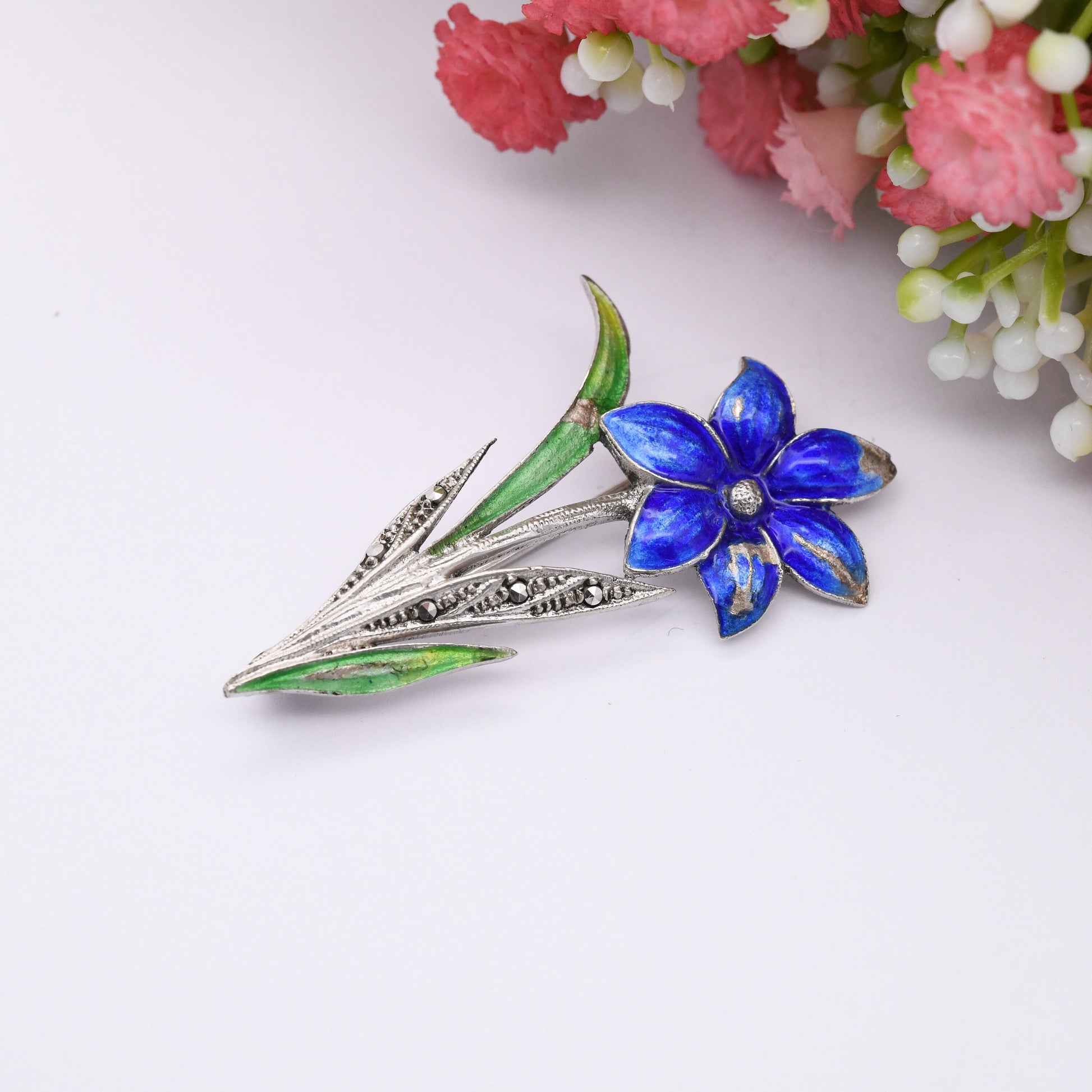 Vintage Sterling Silver Enamel Blue Flower Brooch with Marcasite Stones - Green Enamel Leaves | Mid-Century Pretty Floral Gift for Her