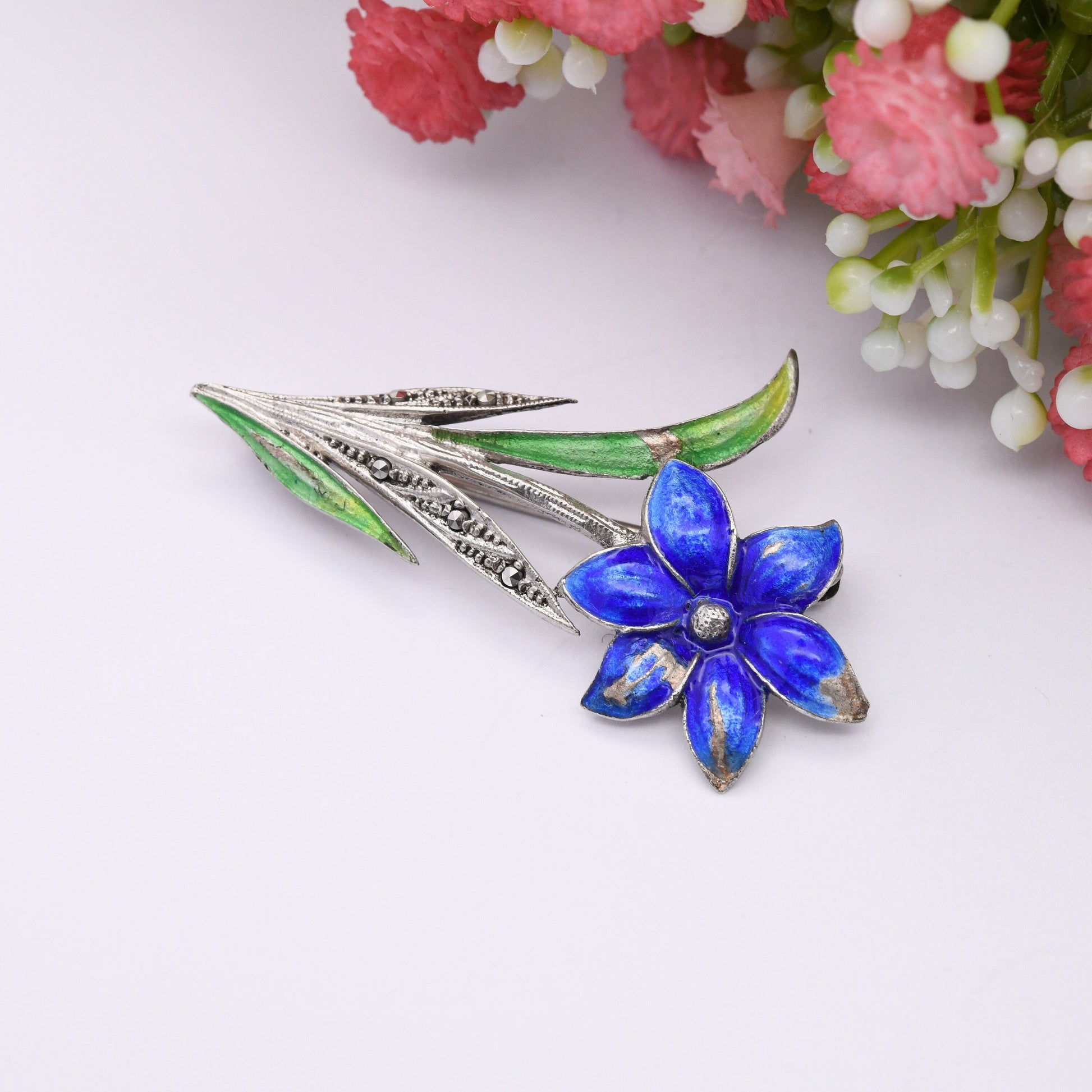 Vintage Sterling Silver Enamel Blue Flower Brooch with Marcasite Stones - Green Enamel Leaves | Mid-Century Pretty Floral Gift for Her