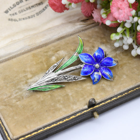 Vintage Sterling Silver Enamel Blue Flower Brooch with Marcasite Stones - Green Enamel Leaves | Mid-Century Pretty Floral Gift for Her