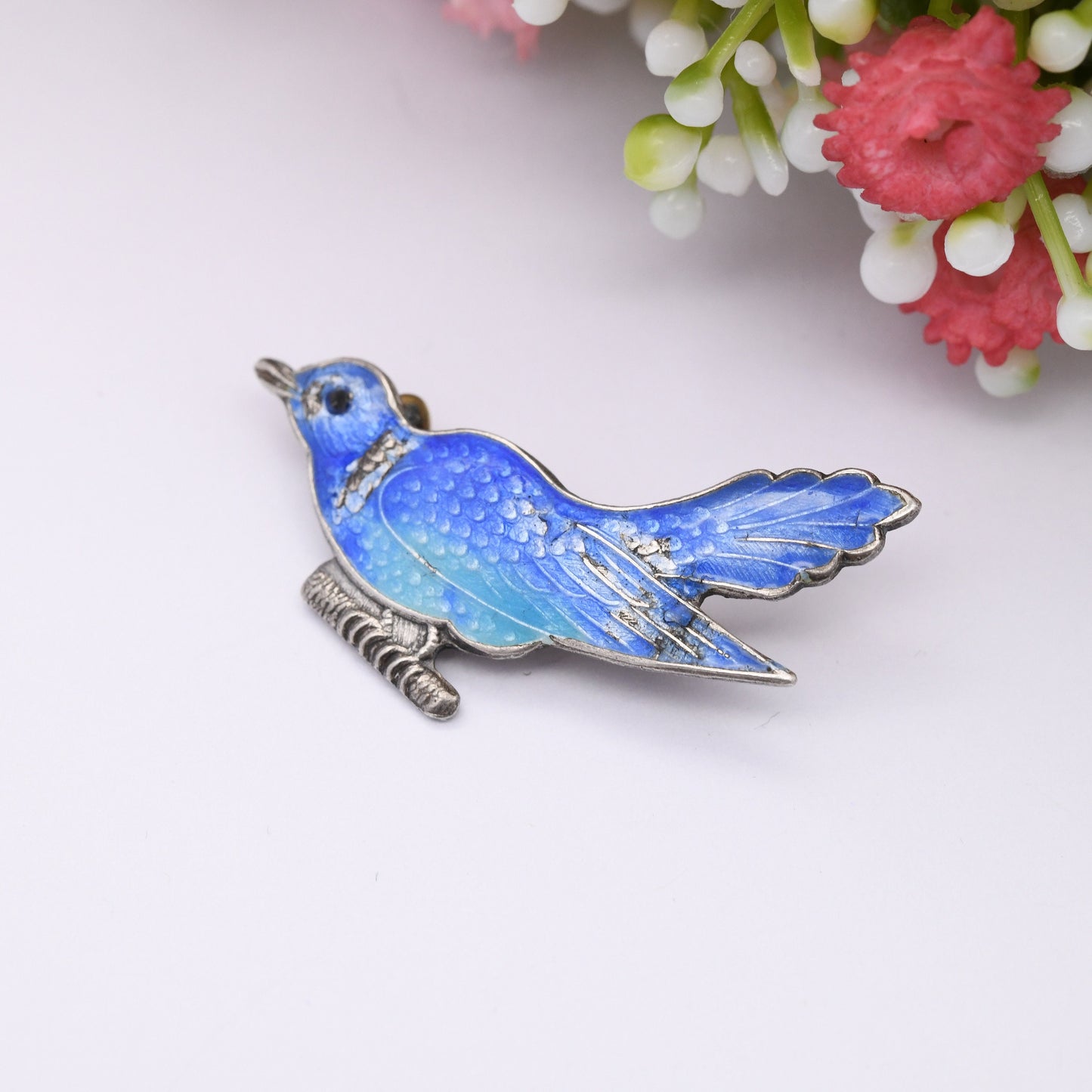 Vintage Silver Enamel Blue Bird Brooch - Colourful Painted Songbird on a Branch | c. 1930s - 1940s