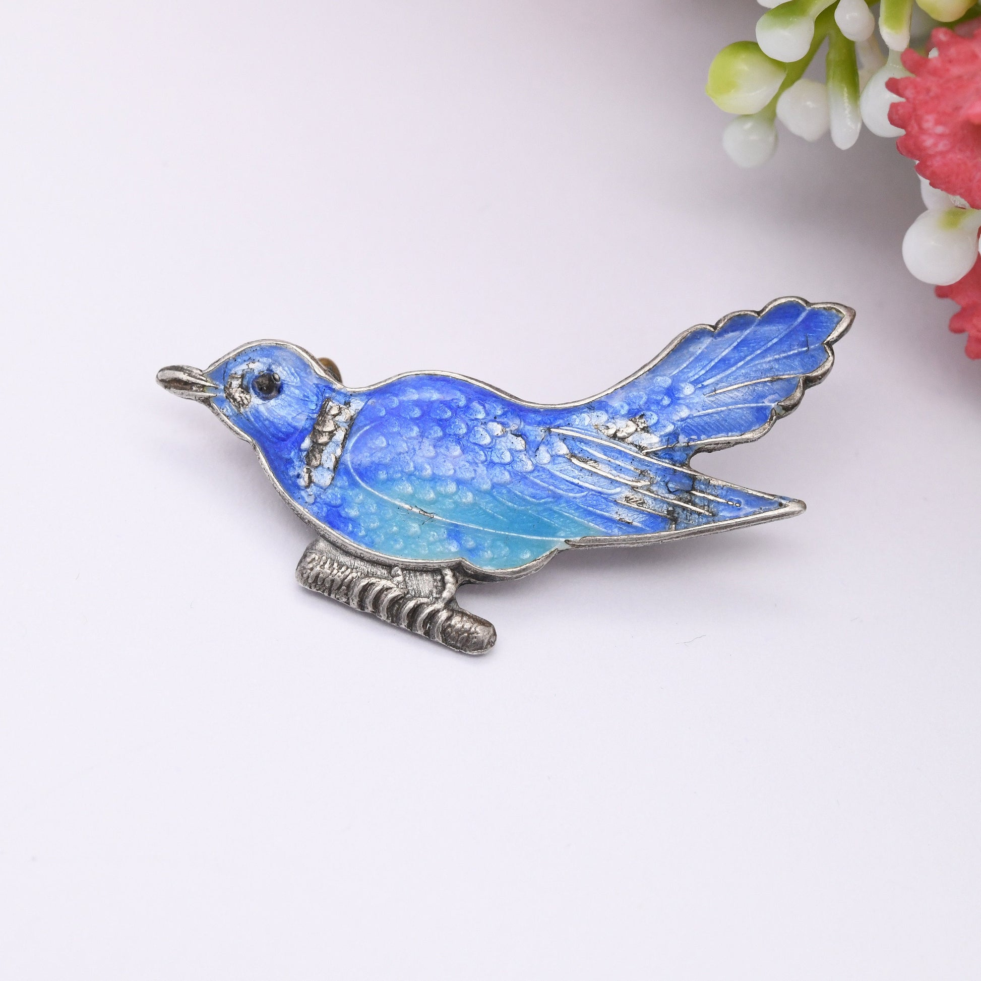 Vintage Silver Enamel Blue Bird Brooch - Colourful Painted Songbird on a Branch | c. 1930s - 1940s