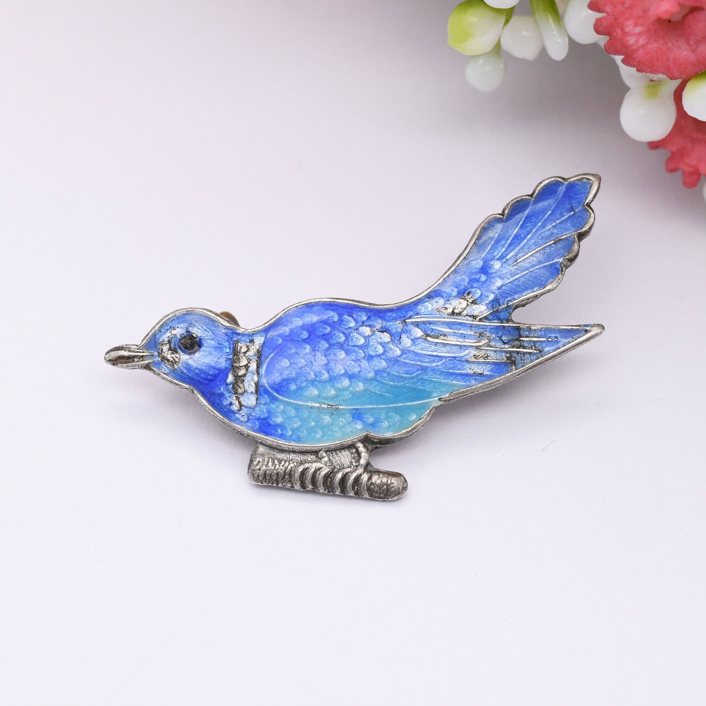 Vintage Silver Enamel Blue Bird Brooch - Colourful Painted Songbird on a Branch | c. 1930s - 1940s