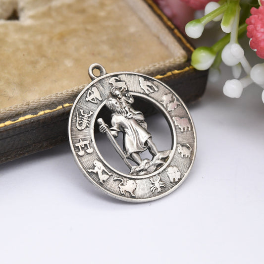 Vintage Sterling Silver St. Christopher Pendant with 12 Signs of the Zodiac Border - Unusual Birthday Christening Gift | for Charm Necklace