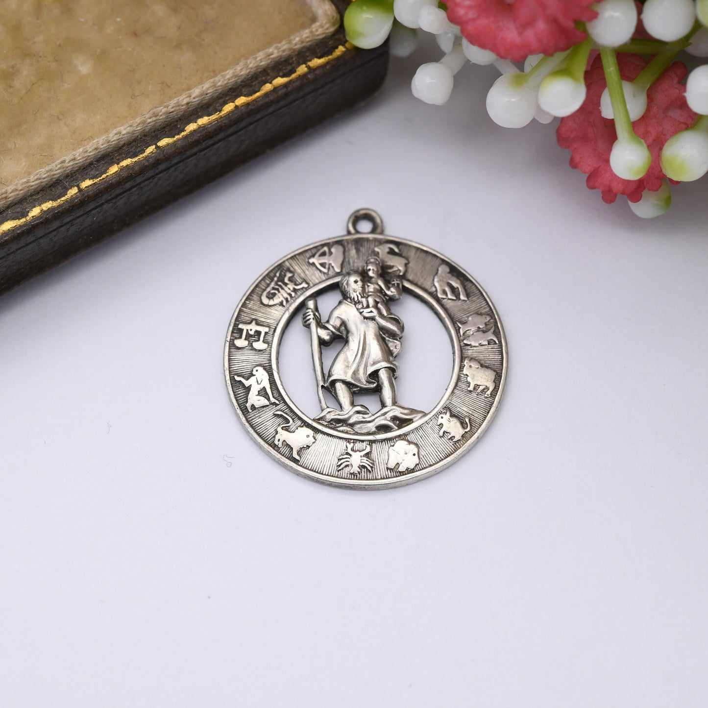 Vintage Sterling Silver St. Christopher Pendant with 12 Signs of the Zodiac Border - Unusual Birthday Christening Gift | for Charm Necklace