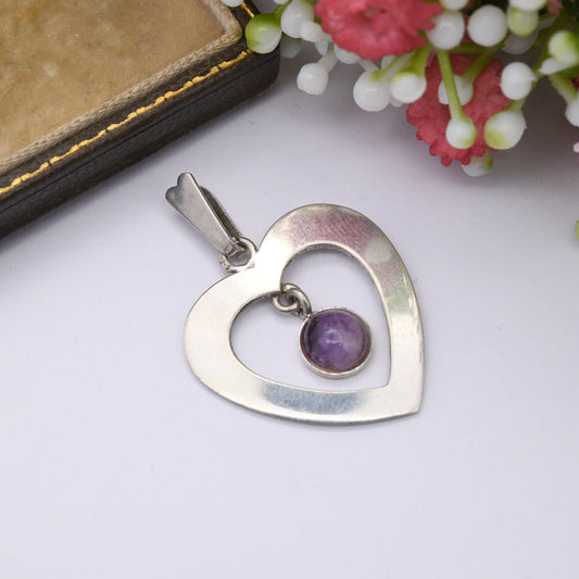 Vintage French Silver Heart Pendant with Articulated Amethyst Drop - Sweet Birthday Gift for Her | Interesting Gemstone Love Heart Jewellery