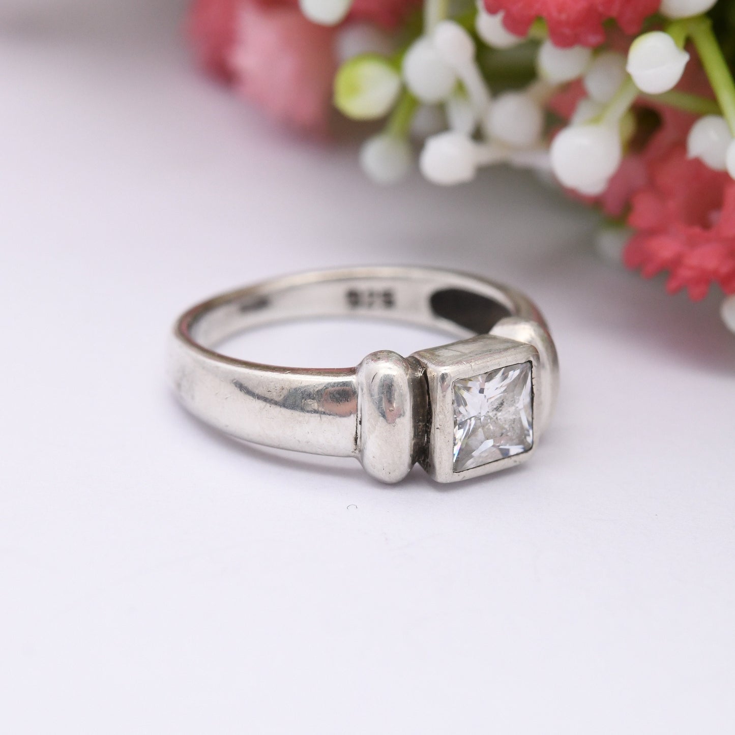 Vintage Sterling Silver Cubic Zirconia Solitaire Ring - Large Square White Stone CZ Chunky Ring Y2K | UK Size - M 1/2 | US Size - 6 1/2