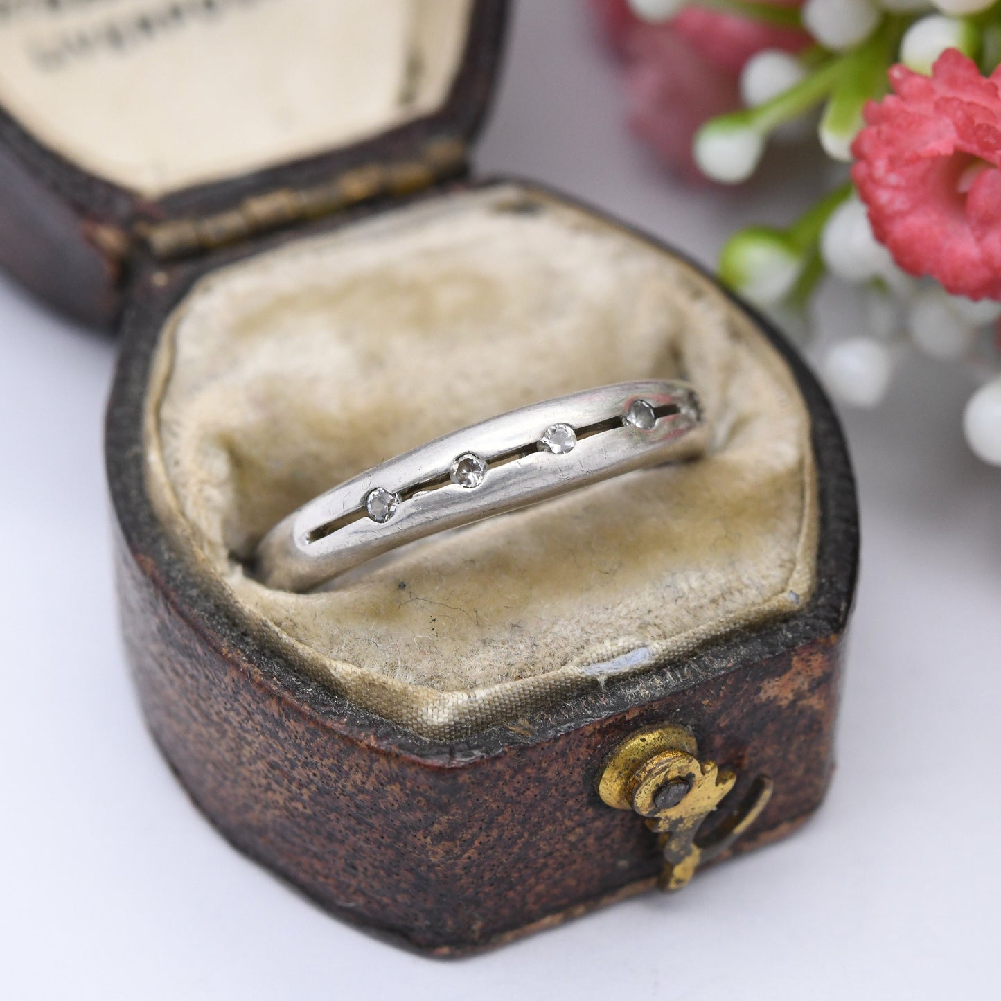 Vintage Sterling Silver Half Eternity Ring with Band of 5 Clear Stones - Minimal Y2K Design Split Band | UK Size - L 1/2 | US Size - 6