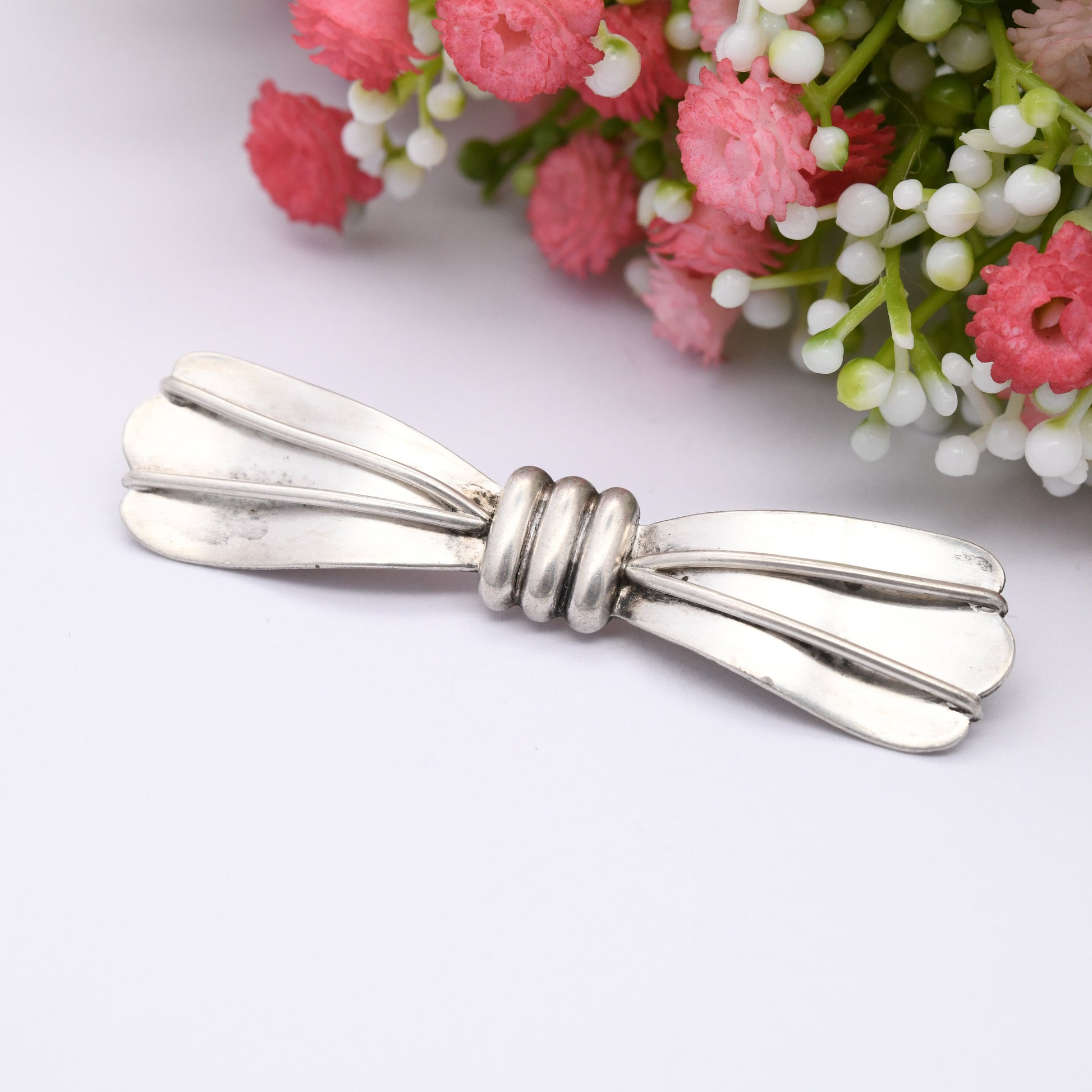 Vintage German Silver Bow Bar Brooch Handmade - Oversized Large Bow | Germany Jewellery Handarbeit | Mid-Century Design | Solid .835 Silver