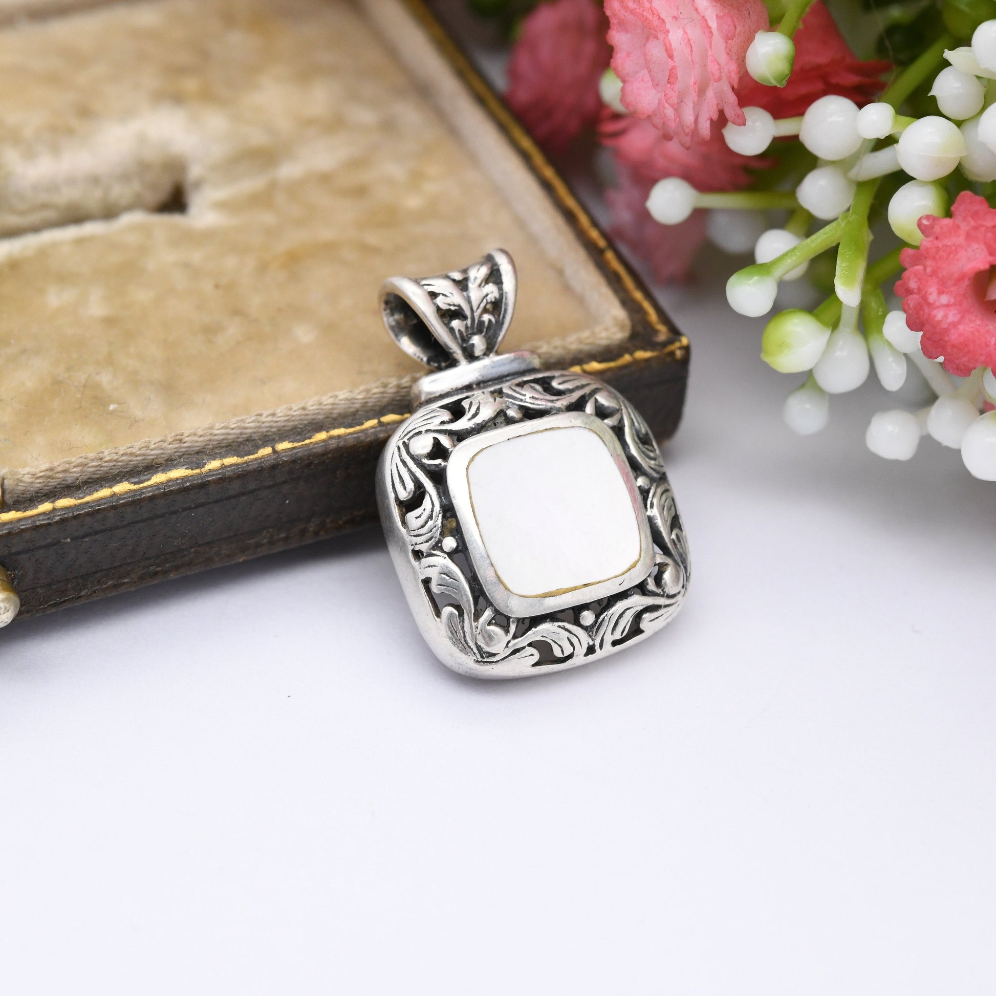 Vintage Sterling Silver Mother of Pearl Square Pendant - Pretty Silver Gift Necklace with Ornate Scrolling Leaf Design