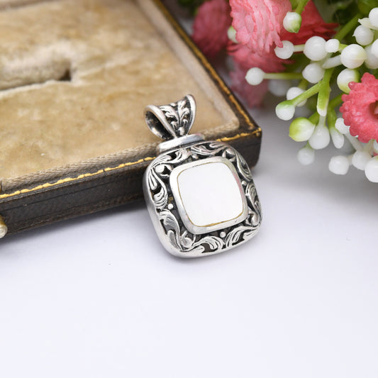 Vintage Sterling Silver Mother of Pearl Square Pendant - Pretty Silver Gift Necklace with Ornate Scrolling Leaf Design