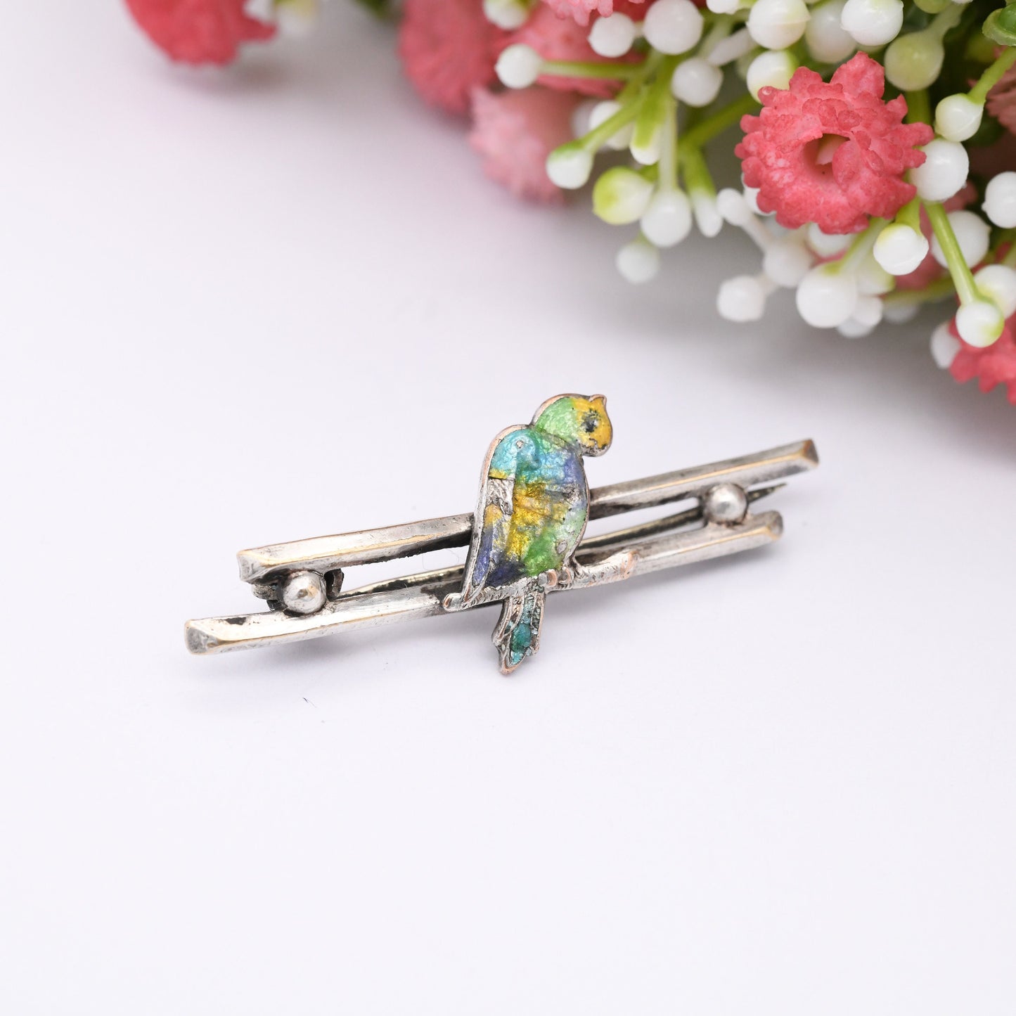 Vintage Enamel Bird Bar Brooch - Colourful Painted Songbird on a Branch | Cockatoo Parrot | c. 1940s - 1950s