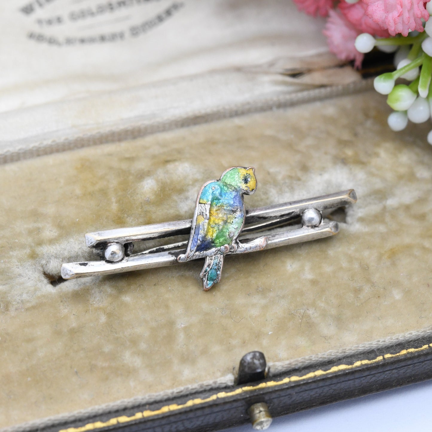 Vintage Enamel Bird Bar Brooch - Colourful Painted Songbird on a Branch | Cockatoo Parrot | c. 1940s - 1950s