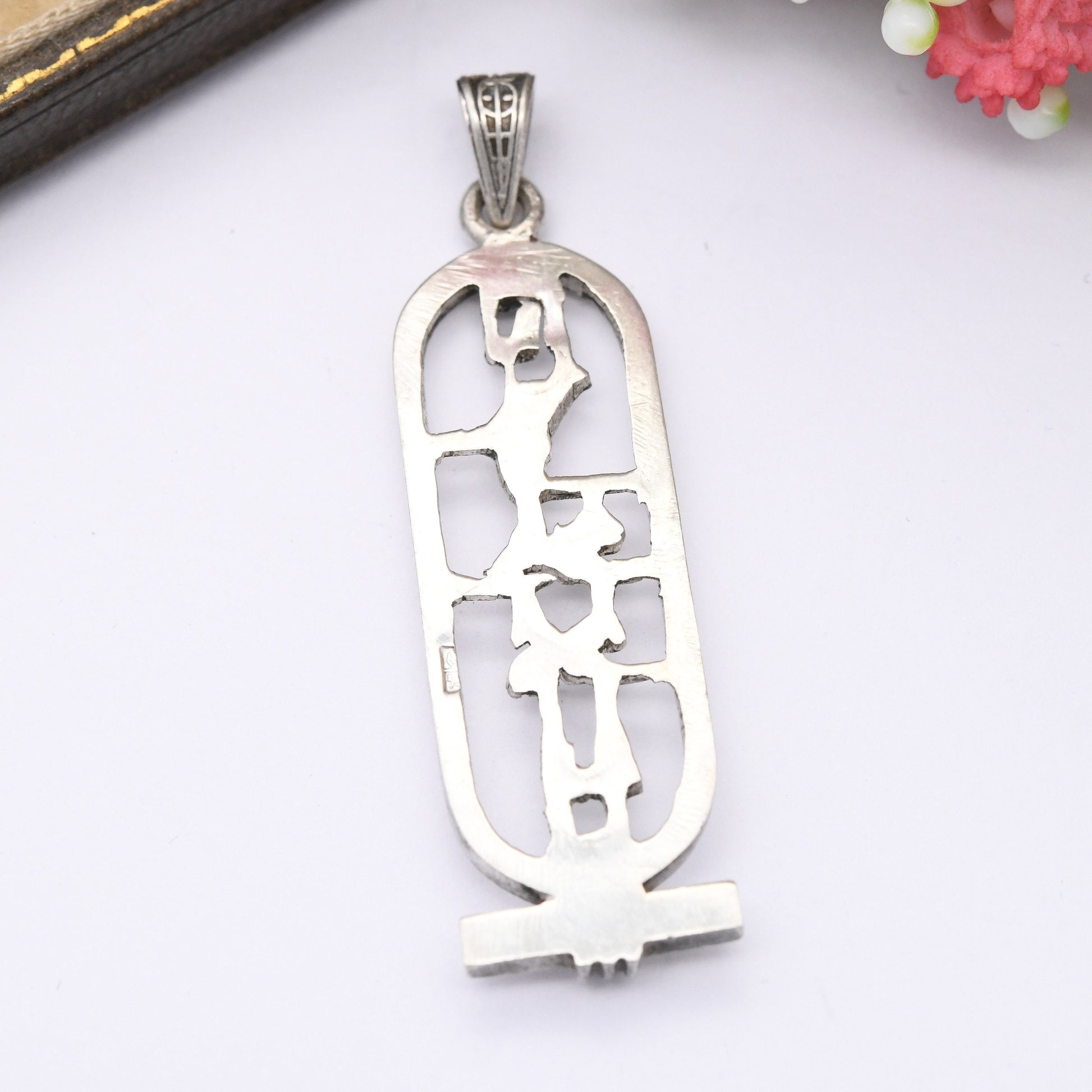 Vintage Silver Egyptian Cartouche Pendant with Hieroglyphs - Spelling Out Name Holly | Openwork Design Ancient Egypt Symbols