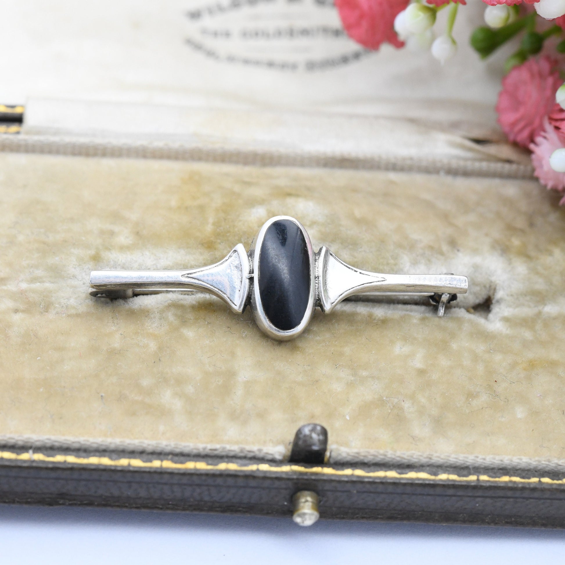 Vintage Sterling Silver Onyx Bar Brooch - Mid-Century Minimalist Design | Black Oval Cabochon Gemstone