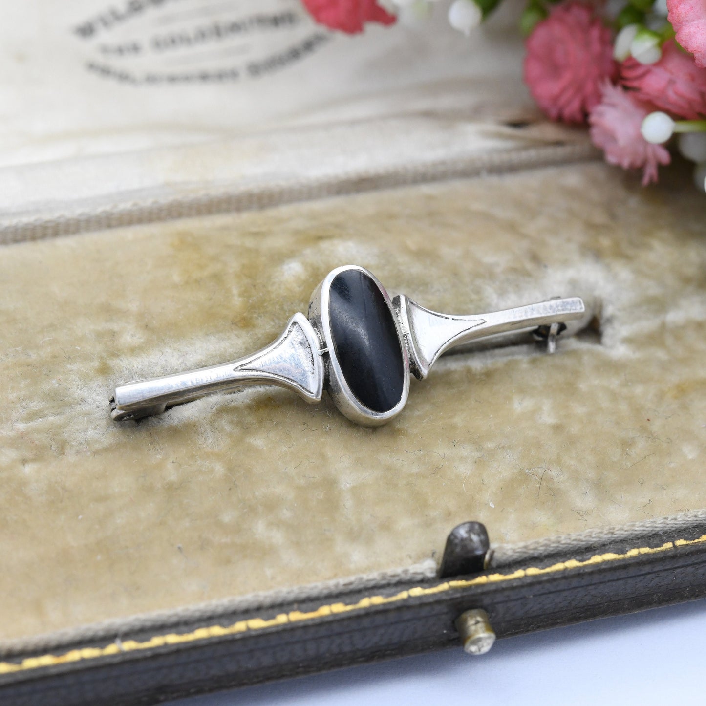 Vintage Sterling Silver Onyx Bar Brooch - Mid-Century Minimalist Design | Black Oval Cabochon Gemstone