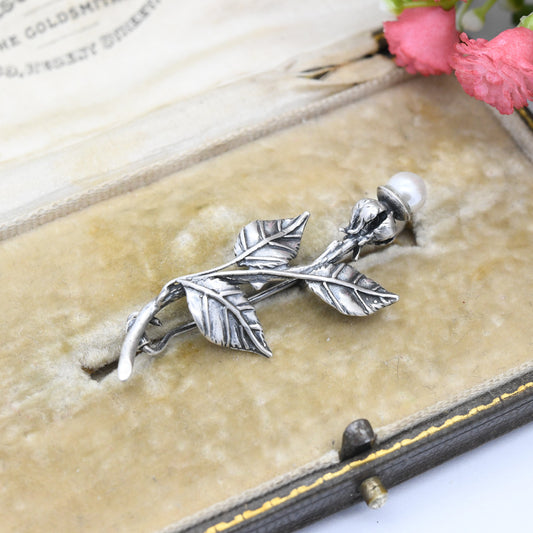 Vintage European Silver Faux Pearl Flower Brooch - Mid-Century Leaf Floral Design | Pretty Gift Jewellery for Her