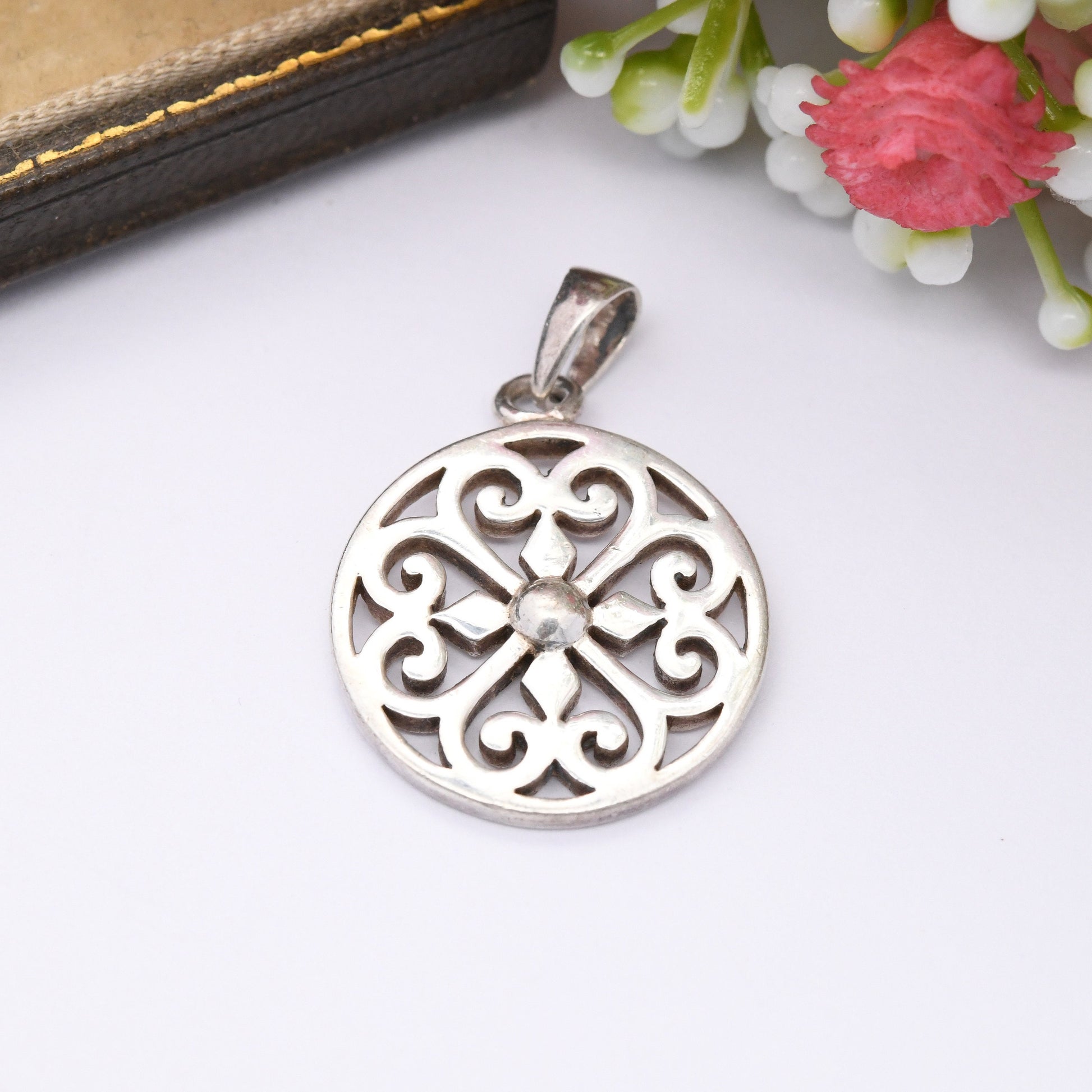 Vintage Sterling Silver Pendant with Openwork Heart Design - Circular Necklace Charm