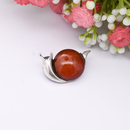 Vintage Sterling Silver Carnelian Snail Brooch - Cute Insect Gift | Small Red Gemstone Jewellery